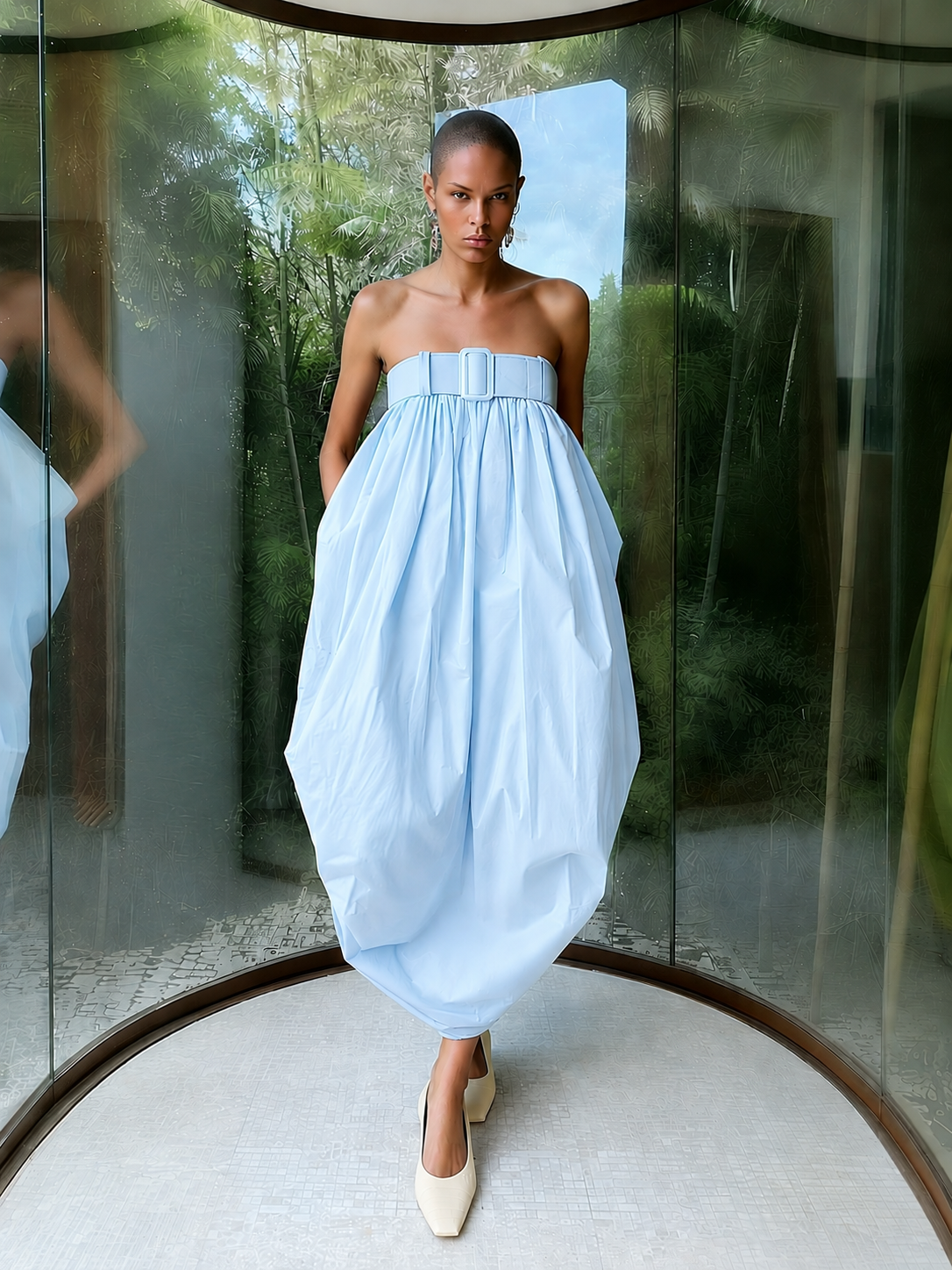 Poplin Ballon Long Dress With Belt