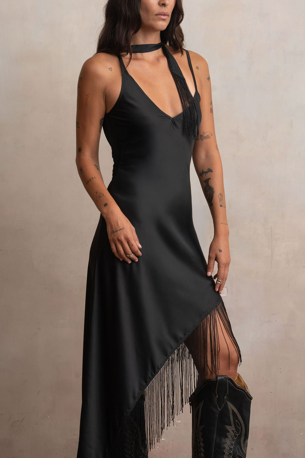 Fringe Slipdress Black