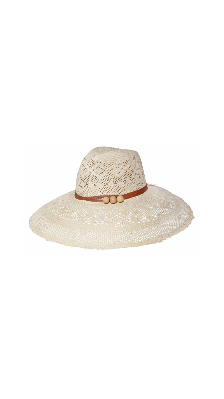 Frayed Open Weave Panama Hat Extra Long Brim with Leather Braid