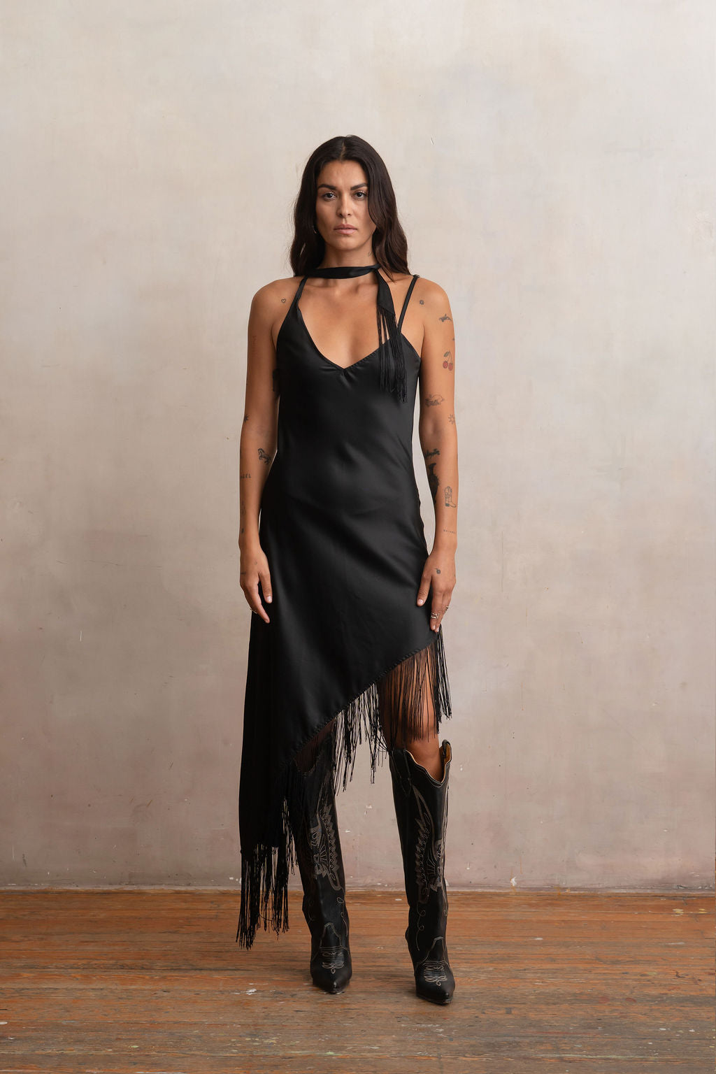 Fringe Slipdress Black